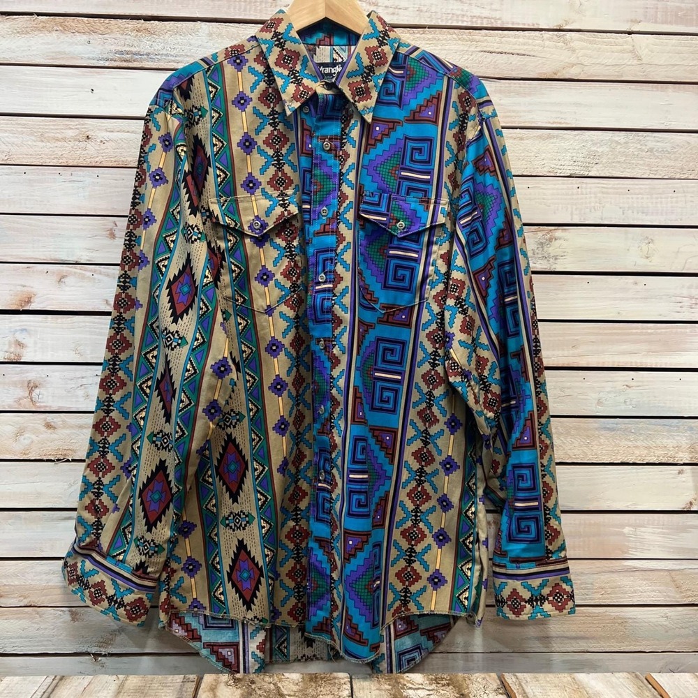 Vintage Wrangler Aztec Western Cotton Shirt USA Cowboy Southwestern 17x35 L